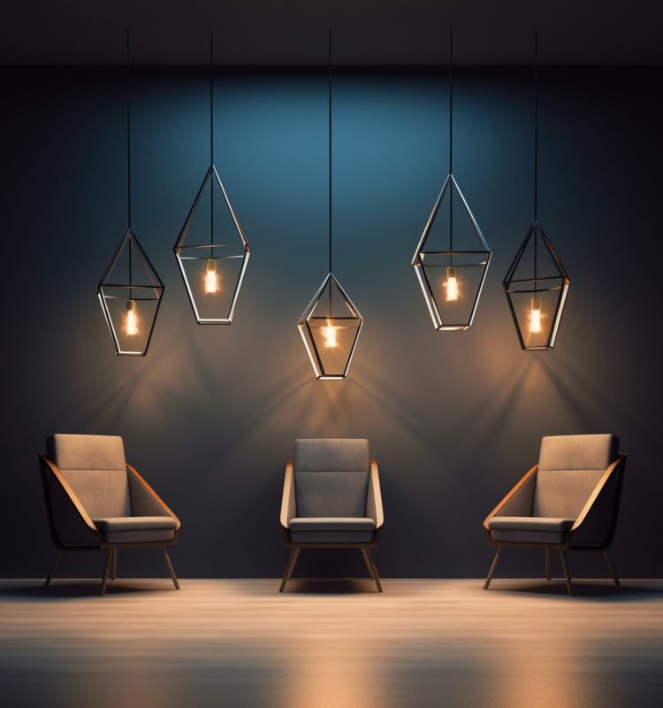 a few hanging lamps in the middle of an empty room with a chair, in the style of multifaceted geometry, sleek and stylized, subtle lighting, accurate and detailed, angular simplicity, sleek, serene mood --v 5.2 Job ID: a4130fc6-f7a6-4c31-b1ab-cd3dcac097ce