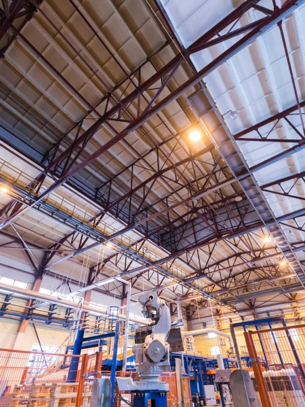 Factory workshop interior and machines on glass industry background process of production